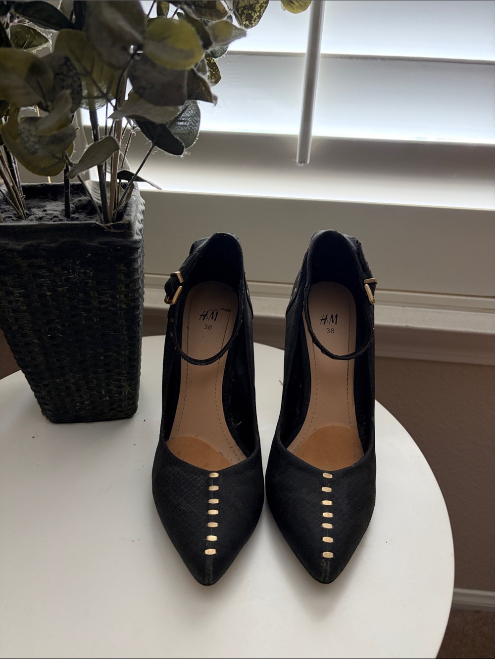 H&M Black Pointed Toe Ankle-Strap Heels with Gold Stud Accents